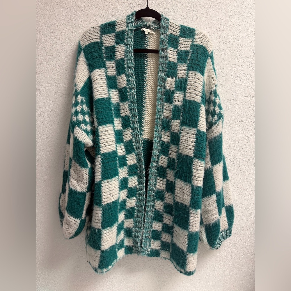 Green and White Checkered Women's Oversized Cardigan Sweater XS/S